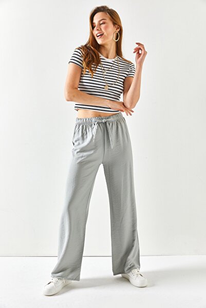 Olalook Kadın Gri Kuşaklı Beli Lastikli Palazzo Ayrobin Pantolon PNT-19000200