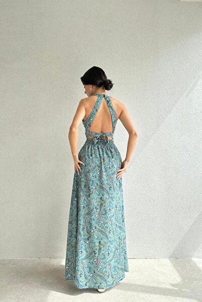 Genel Markalar Şal Desenli Sırt Dekolteli Midi Boy Samara Elbise Yeşil