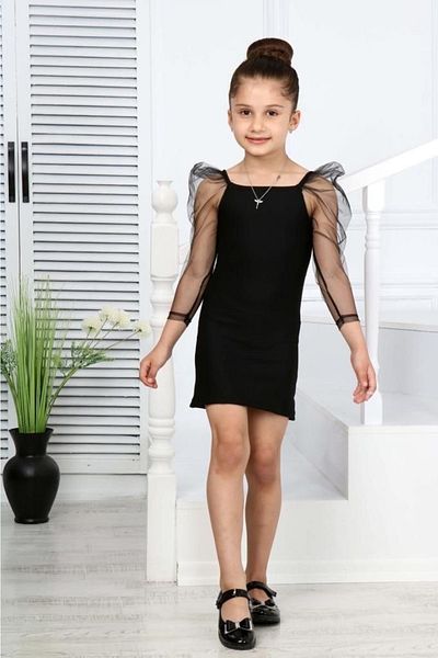 ARBİ kids Rochie neagră pentru fete cu mâneci lungi din tul