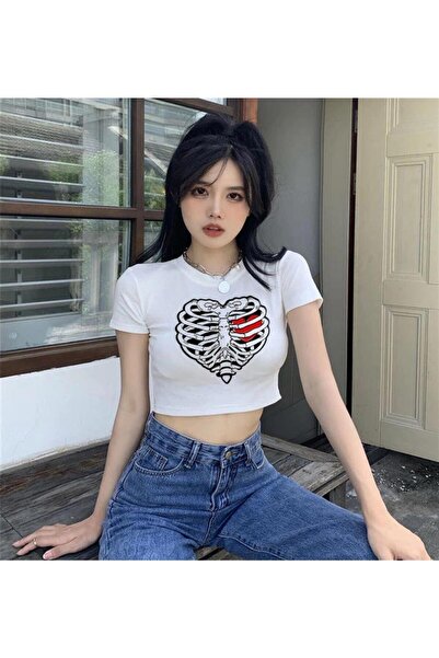 Touz Küt Küt Heart Rib με τύπωμα Λευκό Crop