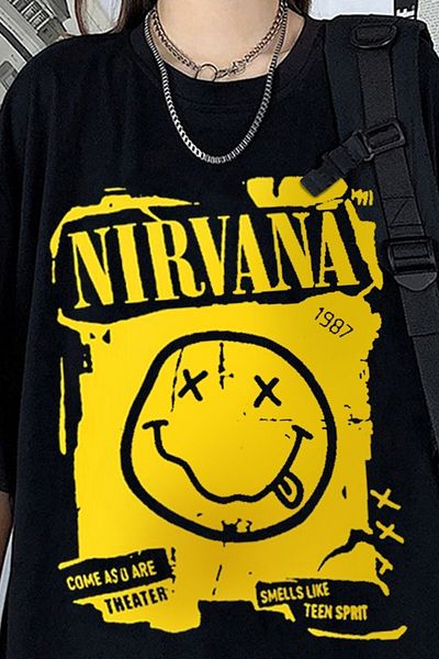 Touz Nirvana Printed Black Wide Cut Unisex Rock Metal T-shirt