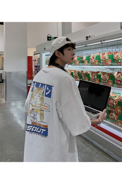 Touz Küt Küt Priatinker Cat Світло-біла унісекс-футболка оверсайз з принтом на спині