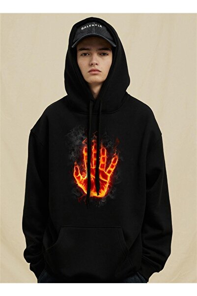 Touz Black Oversize Hooded Sweatshirt - Blunt Blunt Burning Hand Design