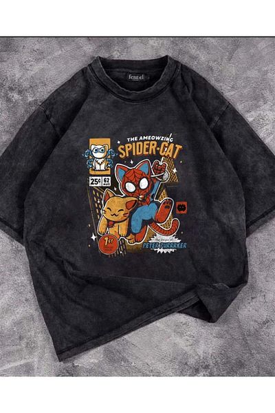 Touz Unisex Oversize Spider-Cat Printed Vintage T-shirt