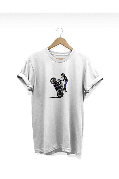 BYMEER تي شيرت قطني كبير الحجم مطبوع عليه دراجة نارية عمودي باللون الأبيض للج...