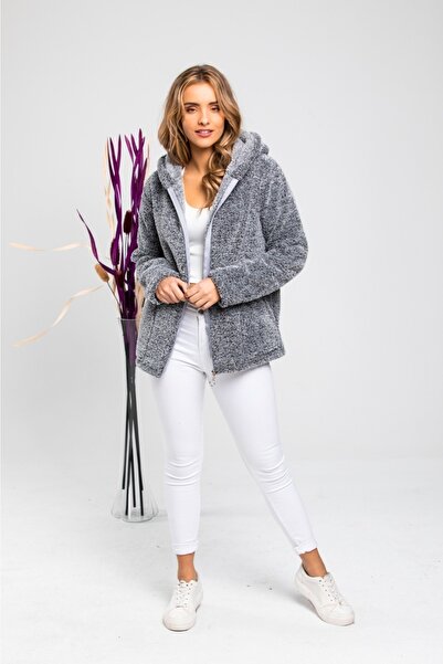 MODA VUSLAT Kadın Gri Fermuarlı Polar Hırka