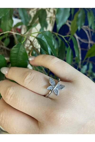 sema aksesuar خاتم نسائي فضي اللون بنمط الفراشة وحجر الزركون قابل للتعديل - ه...