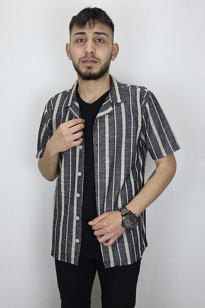 HACKER DENIM Fistan Store Men's Navy Blue Mercerized Cotton Patterned Sports Cut Comfortable Fit Summer Short Sleeve Shirt
