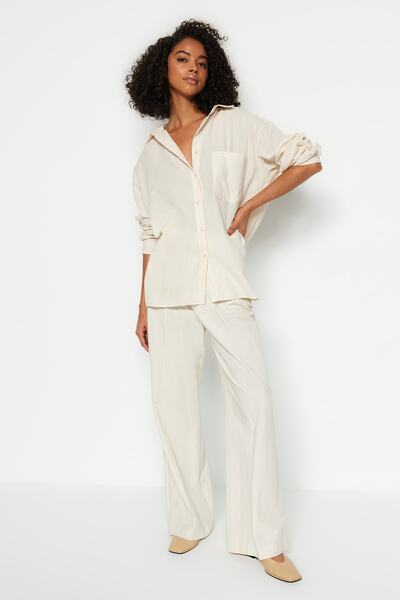 Trendyol Collection Ecru Pocket Oversize/Wide Fit Woven Shirt TWOAW24GO00125