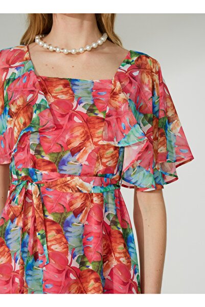 Selen Bisiklet Yaka Emprime Pembe Standart Kadın Elbise 23YSL7268