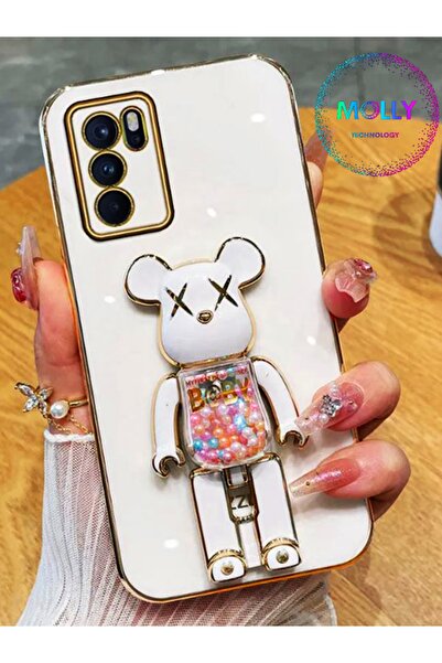 Molly Technology Oppo A16 İçin İnci Beyazı Bearbrick Standlı Kenarları Gold D...