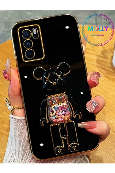 Molly Technology Oppo A16 İçin Siyah Bearbrick Standlı Kenarları Gold Detaylı...