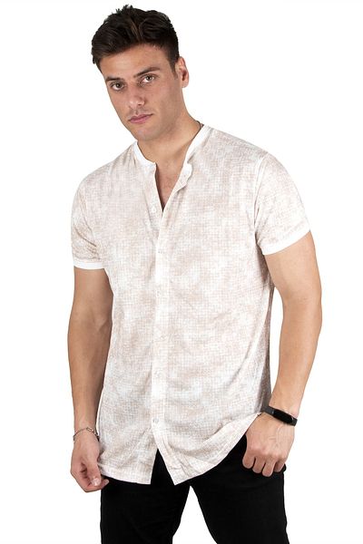 DeepSEA Men's Beige Digital Printed Short Sleeve Combed Cotton Shirt2305010