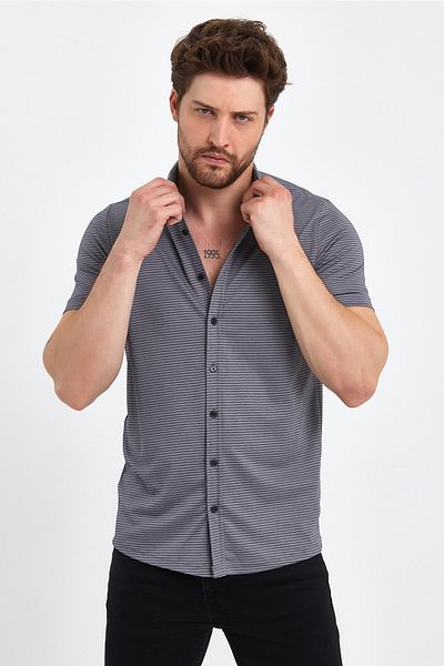 VERDONE Stripe Detailed Short Sleeve Premium Quality Anthracite Shirt