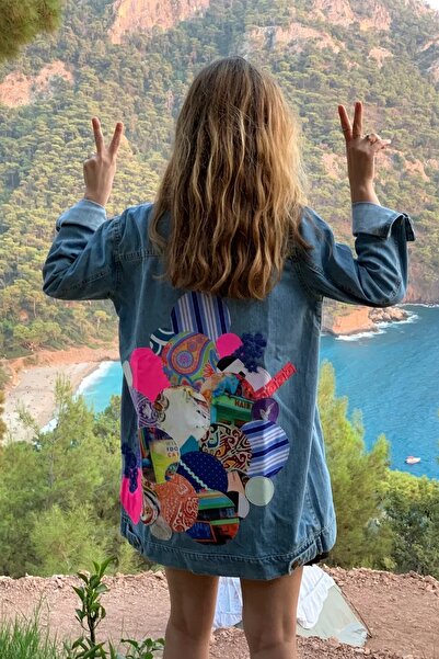 poupee Arkası Yuvarlak Patchwork Detaylı Tasarım Kadın Kot Ceket, Kot Mont