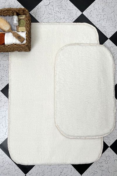 Sarar White Bath Mat Set of 2 Soft Plush Furry Non-Slip Base ( 60x100 / 40x60 )