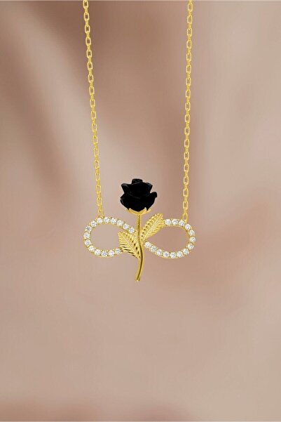 KAR DİAMOND 925 Ayar Gümüş Zincirli Altın Kaplama Zirkon Taşlı Siyah Gül Sons...