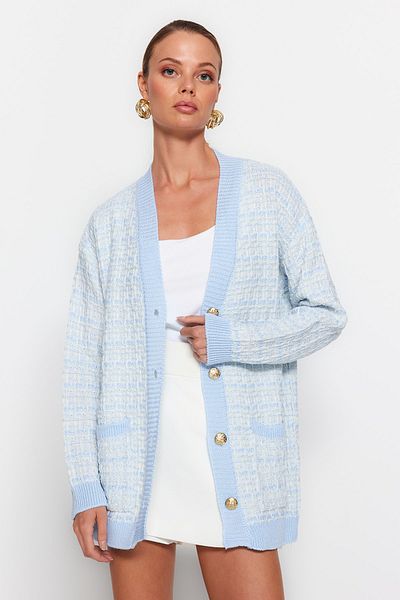 Trendyol Collection Hellblauer, weiter Strickcardigan in Tweed-Optik mit Glitzer TWOAW21HI0250