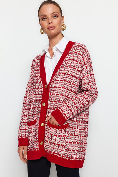 Trendyol Collection Roter, weit geschnittener Strickcardigan in Tweed-Optik mit Glitzer TWOAW21HI0250