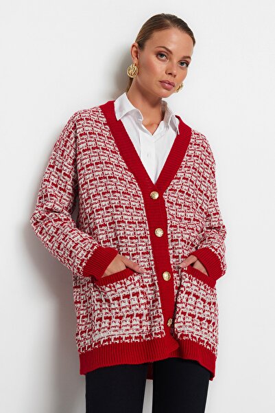 Trendyol Collection Red Wide Fit Tweed Look Glittery Knitwear Cardigan TWOAW21HI0250