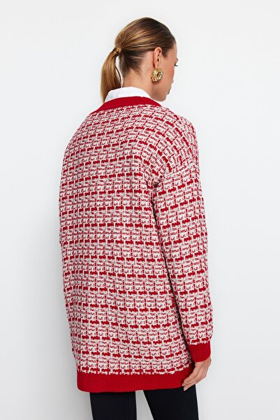 Trendyol Collection Red Wide Fit Tweed Look Glittery Knitwear Cardigan TWOAW21HI0250