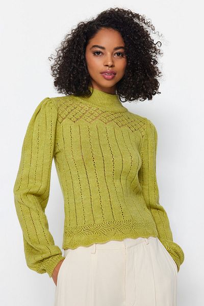 Trendyol Collection Pulover de tricotaj verde ulei ajurat/găuri cu guler vertical TWOAW21KZ0034