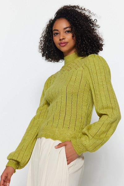 Trendyol Collection Pulover de tricotaj verde ulei ajurat/găuri cu guler vertical TWOAW21KZ0034