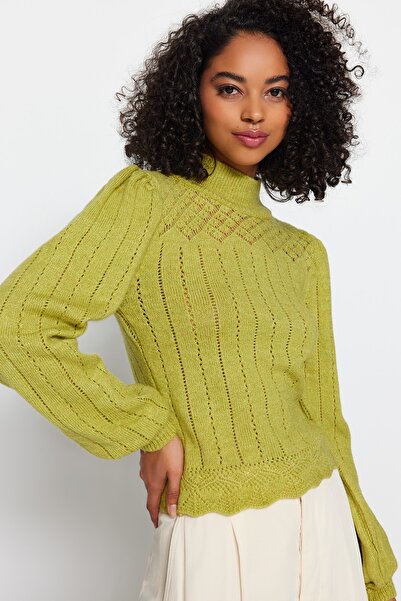 Trendyol Collection Pulover de tricotaj verde ulei ajurat/găuri cu guler vertical TWOAW21KZ0034