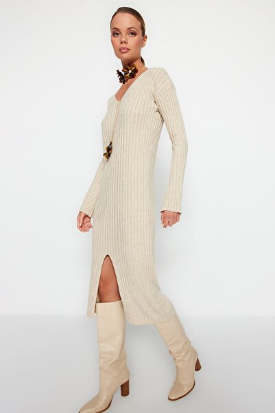 Trendyol Collection Stone Midi kötöttáru V-nyakú ruha TWOAW24EL00066