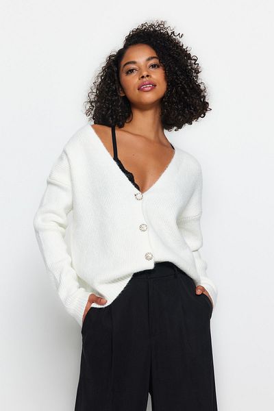 Trendyol Collection Ecru Soft Textured Knitwear Cardigan with Accessories TWOAW24HI00094