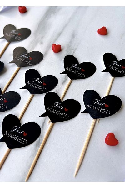 The Istanbul Event 10pcs Tiny Wedding/After Party Just Married Black Cupcake Topper Sticks