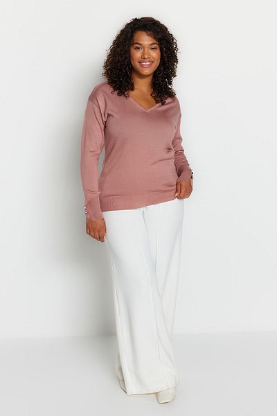 Trendyol Curve Dusty Rose V-Neck Button Detailed Knitwear Sweater Tbbaw23An00043