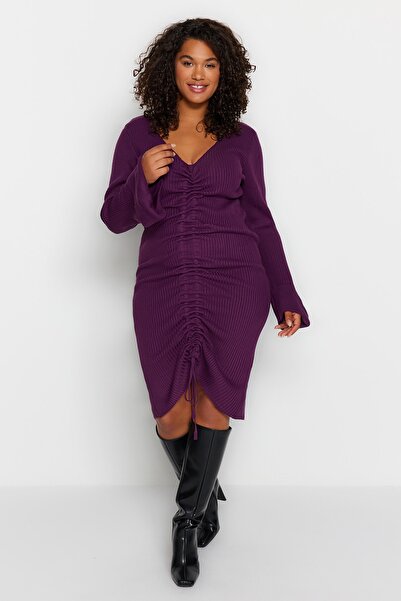 Trendyol Curve Detailní tenké pletené šaty Plum Corded Gather TBBAW23AH00005
