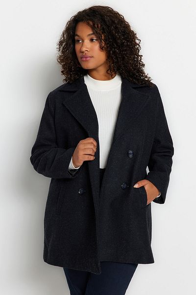 Trendyol Curve Marineblauer Mantel mit Fischgrätenmuster und einem Knopf - Regular Fit TBBAW24DD00008