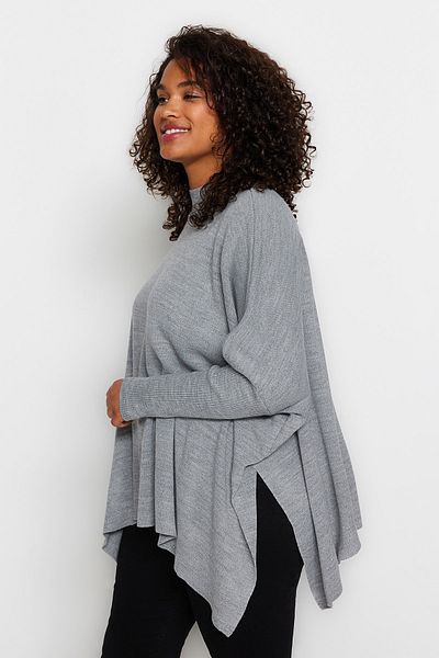 Trendyol Curve Pletený svetr Relax Fit Grey Melange - Detail límečku a rozparku Tbbaw24An00032
