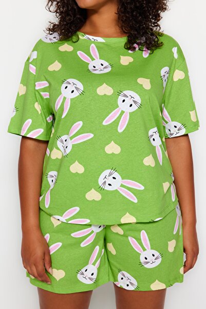 Trendyol Curve Zöld nyúl nyomott pamut kötött pizsama szett TBBSS23AI00022