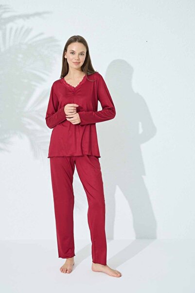 Siyah İnci burgundy Lace Detailed Viscose Pajama Set