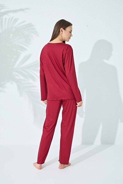 Siyah İnci burgundy Lace Detailed Viscose Pajama Set