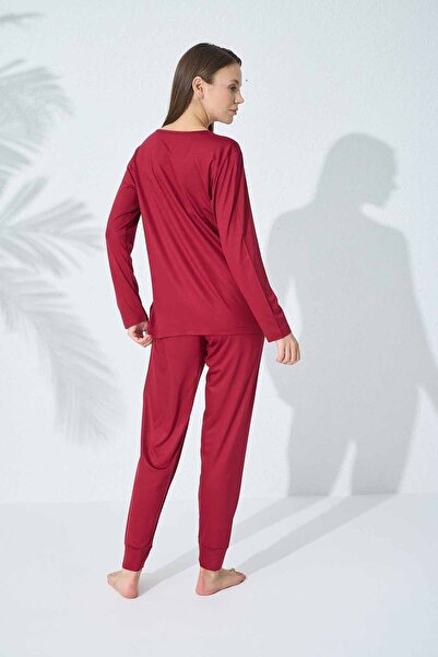 Siyah İnci burgundy Lace Detailed Viscose Pajama Set