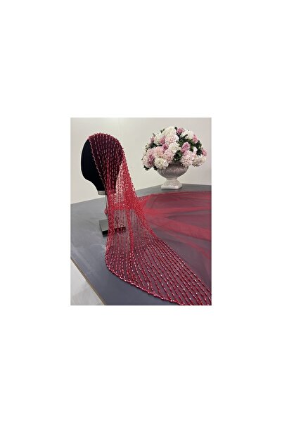 ZEN DUVAK طرحة زفاف حمراء مطرزة مع بكرة