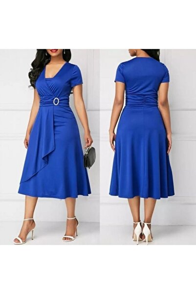 rengastyle Жіноче синє короткорукавне плаття з круазеним коміром, поясом і за...