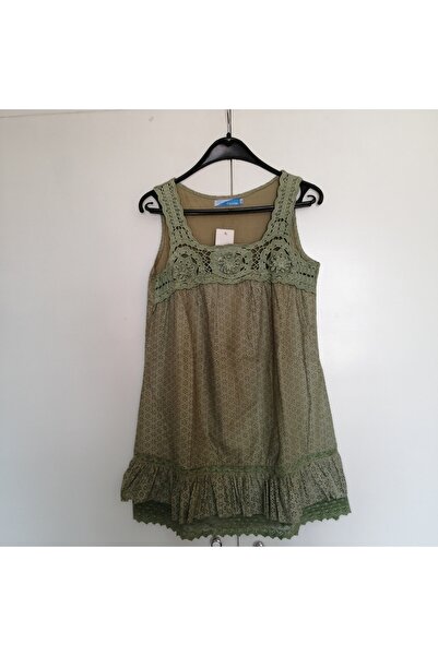Butik Tülin Otantik pamuklu yeşil minik delikli çiçekli güpürlü astarlı askıl...
