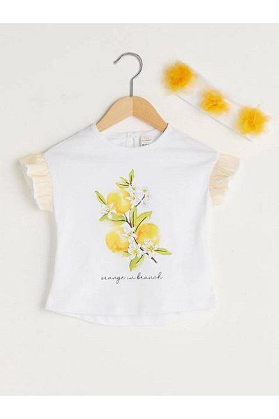 LC Waikiki Crew Neck Short Sleeve Printed Baby Girl T-Shirt and Headband Set of 2
