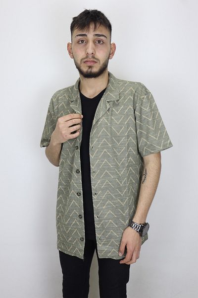 HACKER DENIM Fistan Store Men's Green Mercerized Cotton Patterned Sports Fit Comfortable Fit Summer Short Sleeve Shirt