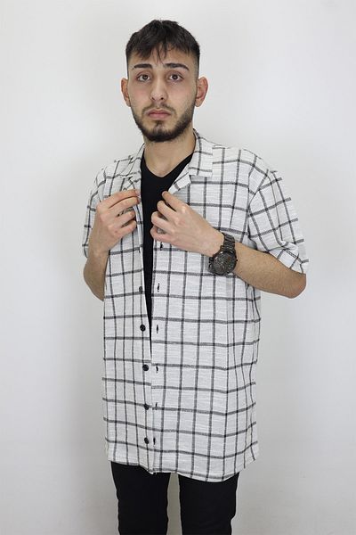 HACKER DENIM Fistan Store Men's Stone Mercerized Cotton Patterned Sports Cut Comfortable Fit Summer Short Sleeve Shirt