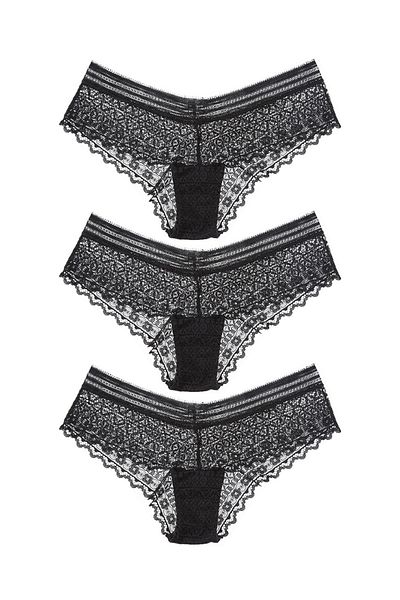 Simi Underwear سراويل داخلية نسائية برازيلية من الدانتيل باللون الأسود مكونة من 3 قطع