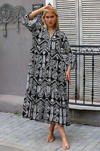 Chiccy Italian Black-Grey Magnificent Collar Ruffle Sleeve Allover Printed Knitted Dress