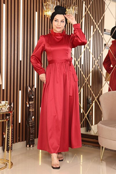 Modamihram Abendkleid aus Satin mit Federdetail, Rot 19123