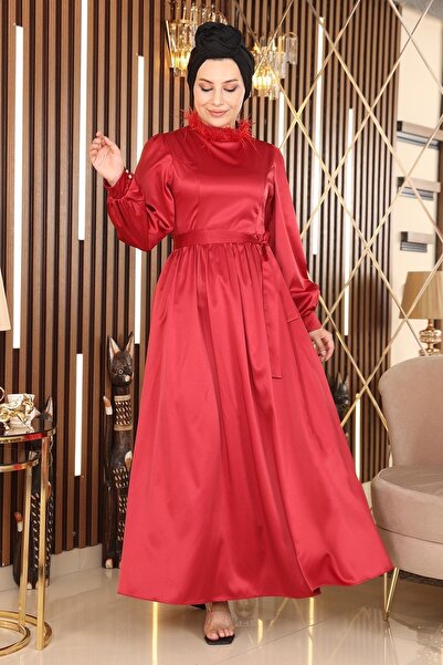 Modamihram Abendkleid aus Satin mit Federdetail, Rot 19123