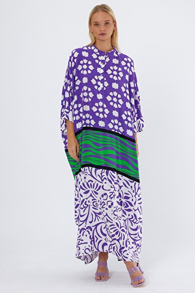 Denismoda Women's High Collar Standard Size Patterned Long Loose Dress